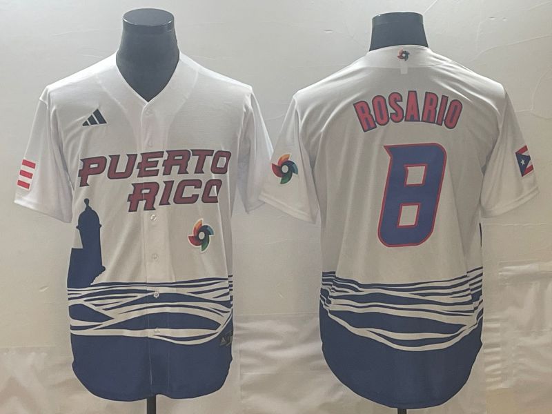 Men 2023 World Cub Puerto Rico #8 Rosario White Nike MLB Jersey->more jerseys->MLB Jersey